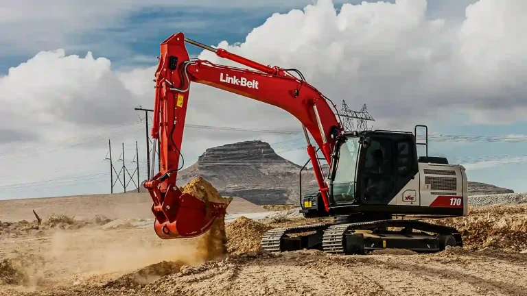 Link-Belt excavator on site with text about SCR delete solutions