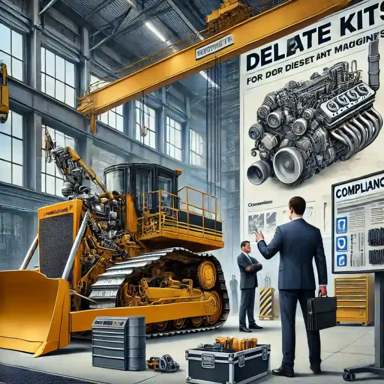 image illustrating the legal aspects of delete kits for diesel engines on plant machinery. It presents an industrial setting with a balance between machinery modification and legal oversight.