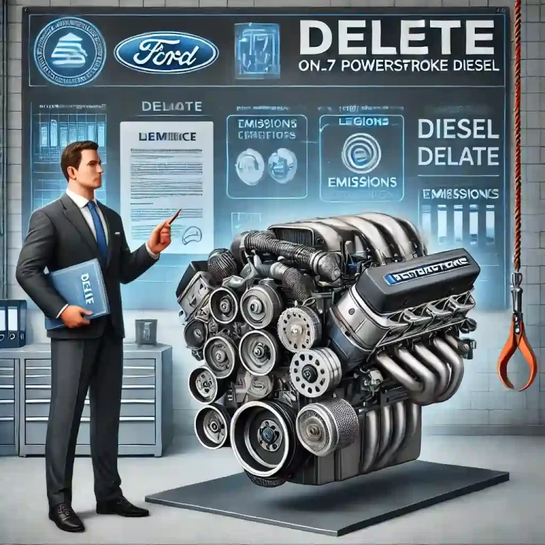 image illustrating the concept of a delete on a 6.7 Powerstroke diesel engine, along with its legal considerations. The scene features a mechanic inspecting the engine, a legal advisor with compliance documents, and an emissions-related sign in the background.