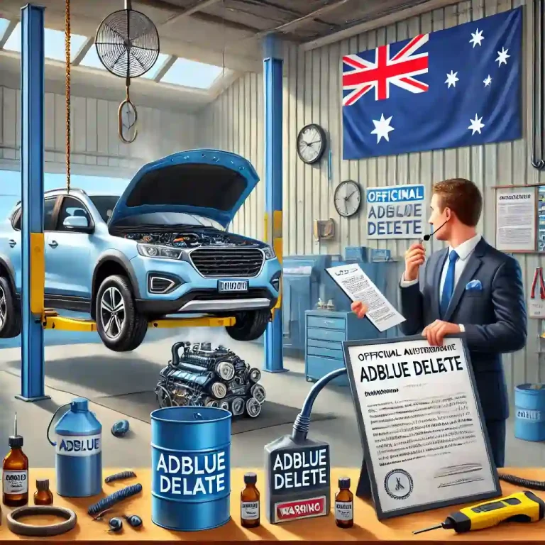 AdBlue delete in Australia. It features a mechanic working on a diesel vehicle’s emissions system, a legal advisor with an Australian compliance document