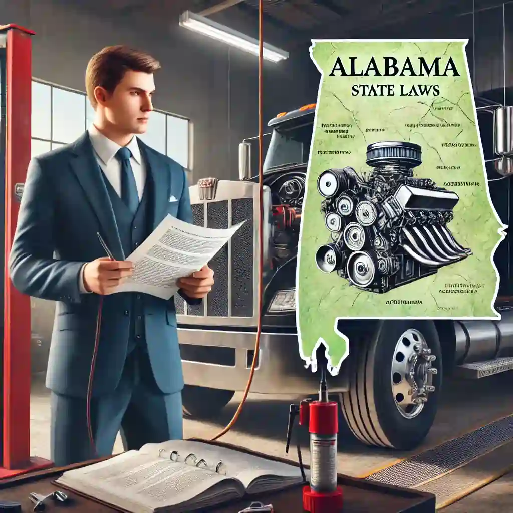 image illustrating the legal and regulatory aspects of deleting diesel engines in Alabama. It features a mechanic working on a diesel truck engine, a legal advisor with Alabama state laws,