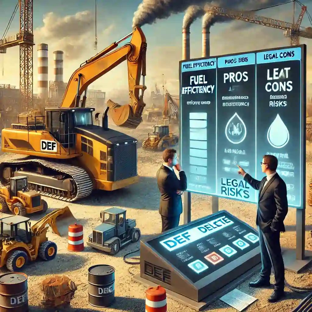 DEF delete on construction machines, covering fuel efficiency, pros and cons, and legal risks.