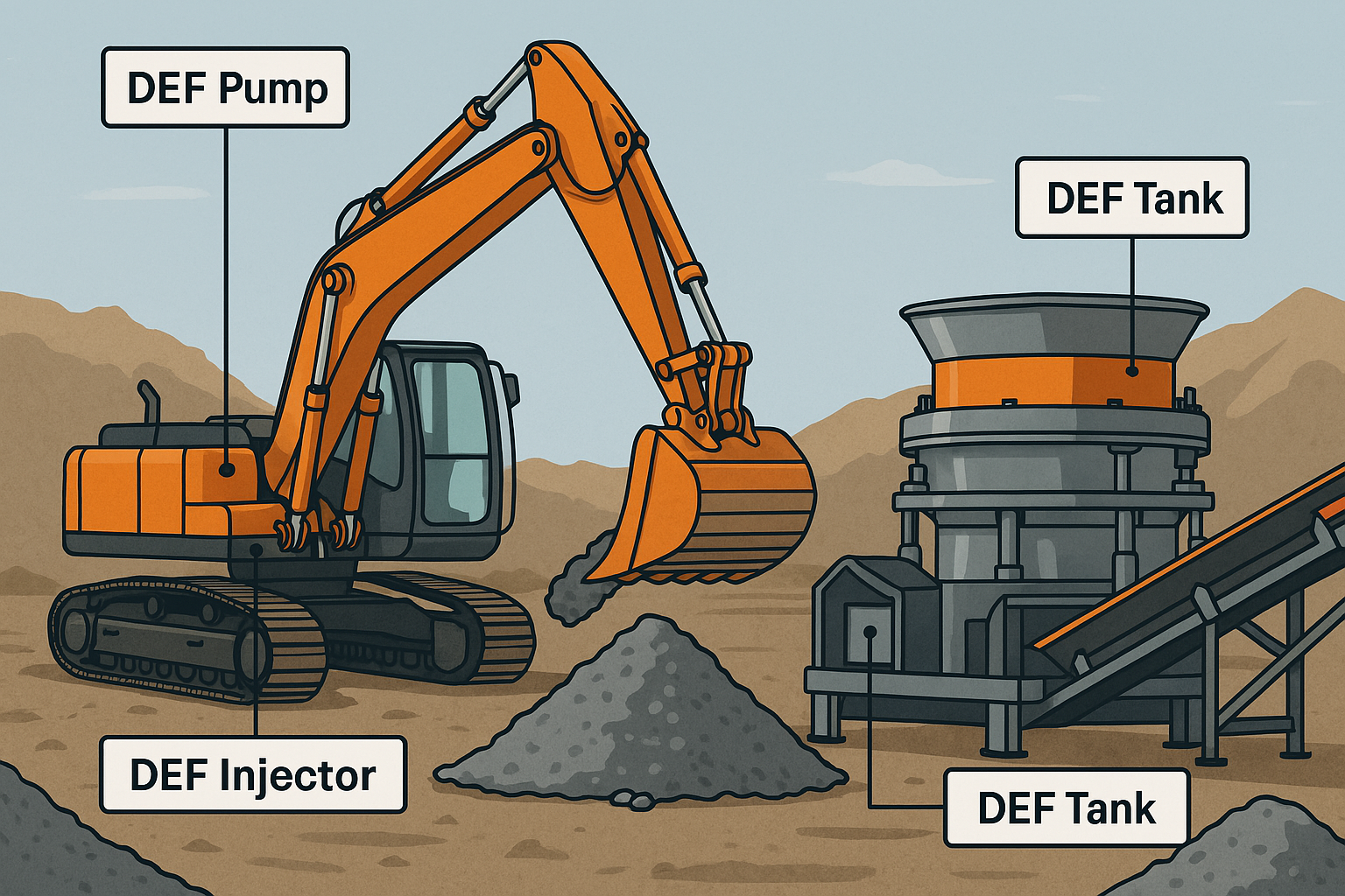 A labeled digital illustration of an excavator and crusher on a construction site, highlighting DEF system components targeted by DEF delete solutions.