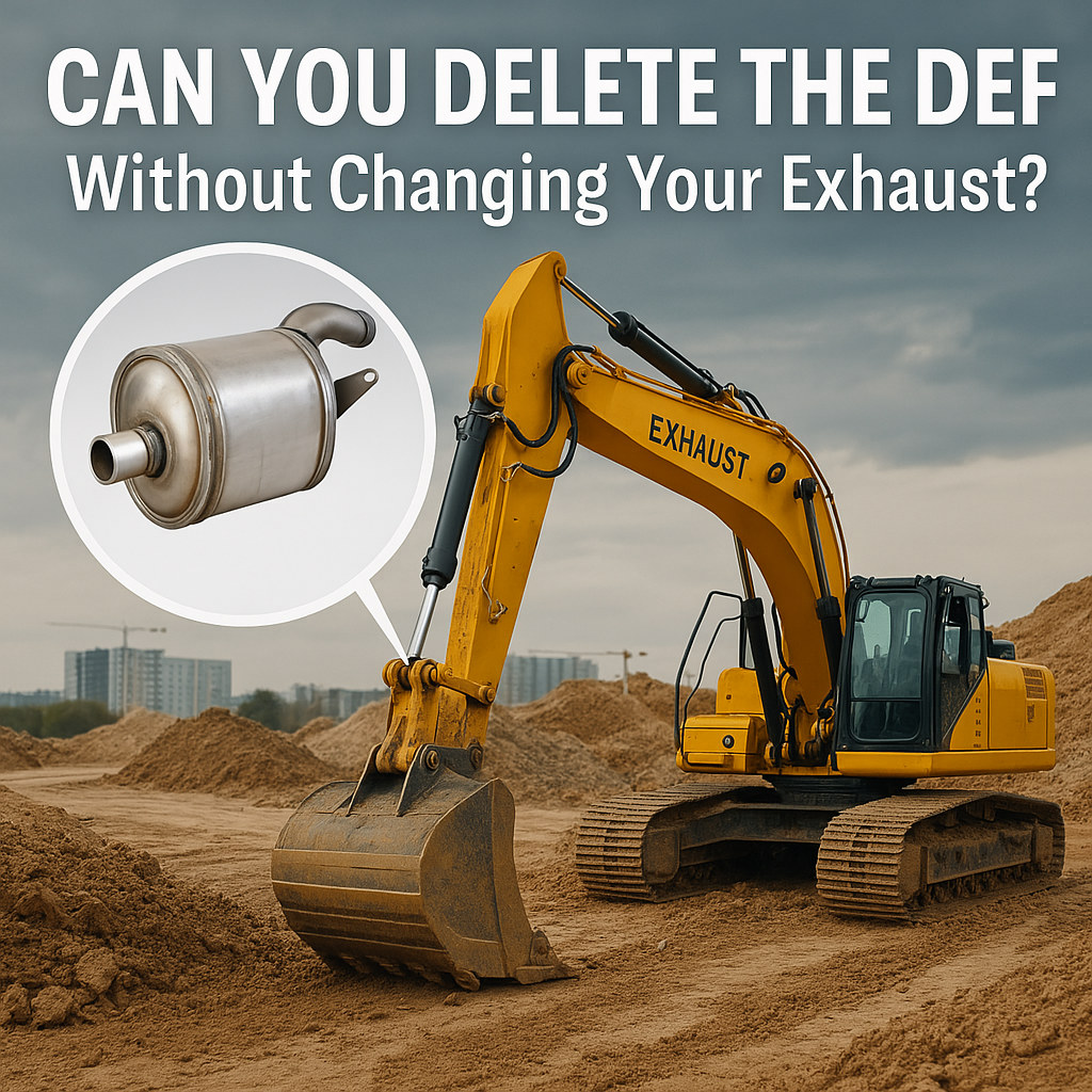 A composite illustration showing an excavator on a job site with a close-up of a diesel exhaust system, representing DEF delete without exhaust modifications.