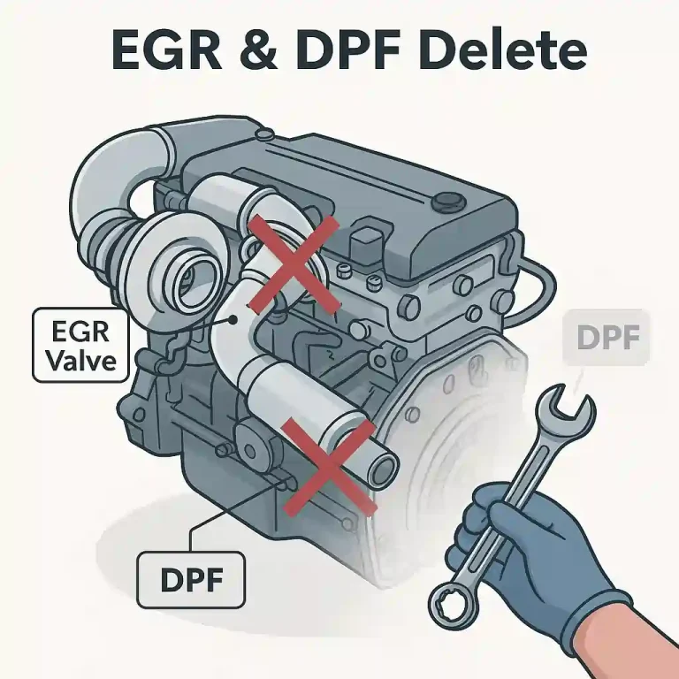 A labeled diagram of a diesel engine showing the EGR valve and DPF system, with visual indicators suggesting removal or bypass for delete modifications.