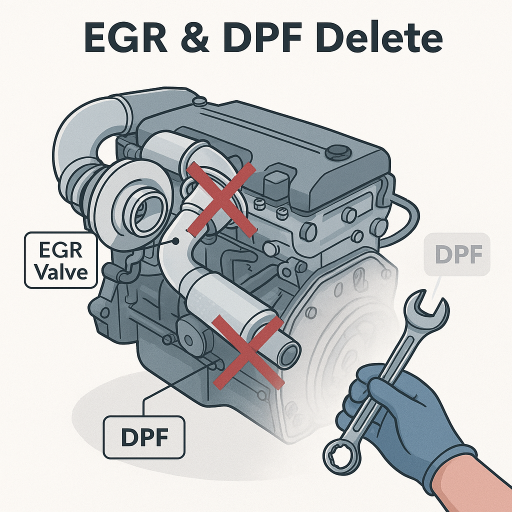 A labeled diagram of a diesel engine showing the EGR valve and DPF system, with visual indicators suggesting removal or bypass for delete modifications.