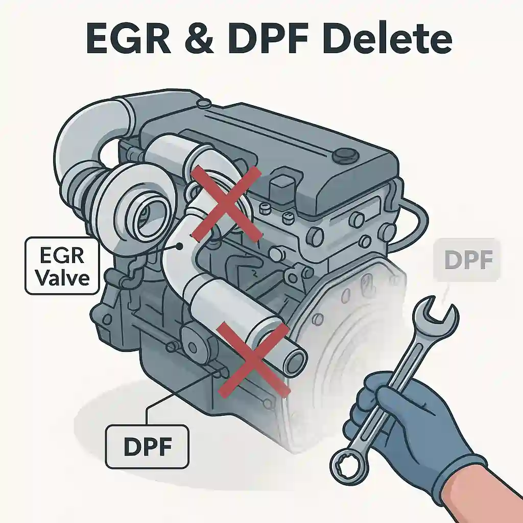 A labeled diagram of a diesel engine showing the EGR valve and DPF system, with visual indicators suggesting removal or bypass for delete modifications.