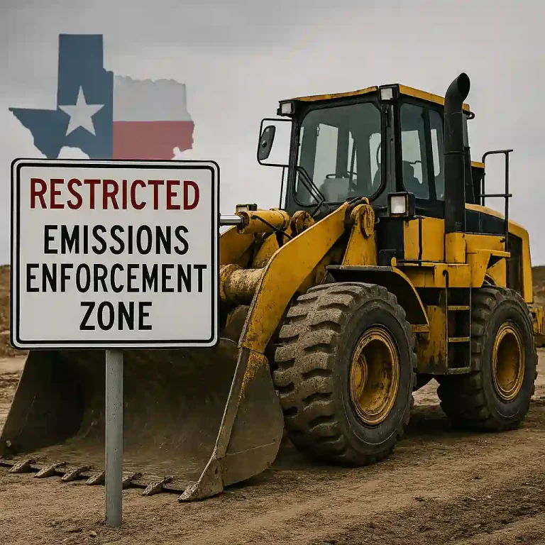 A diesel truck near an EPA enforcement sign with the Texas state outline in the background, illustrating the legal risks of DEF delete in Texas.