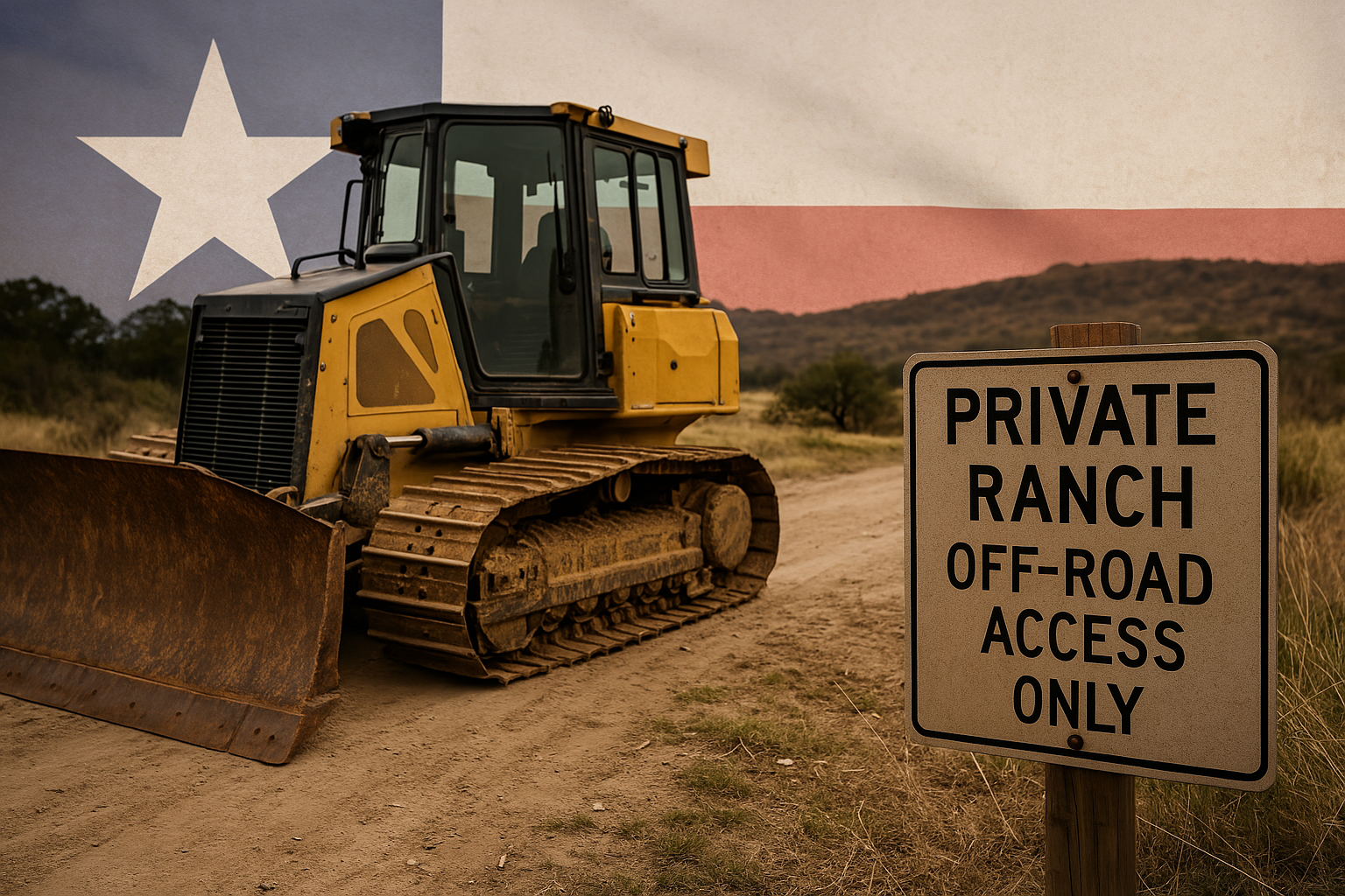 A heavy-duty bulldozer operating on private land in Texas with a faded Texas state flag overlay, representing legal off-road diesel delete usage.