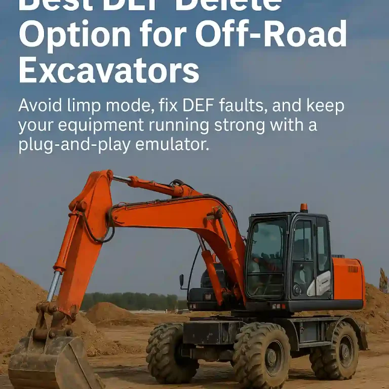 An off-road excavator operating on a job site, used to illustrate DEF system solutions for construction machinery.