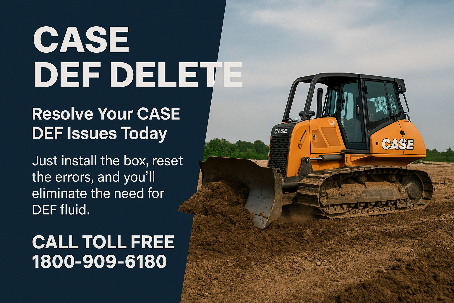 A digital advertisement featuring a CASE construction dozer with text promoting DEF delete solutions for CASE machines using FPT and ISUZU engines.