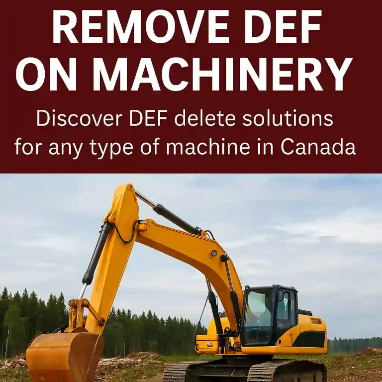 An off-road excavator operating in a rugged Canadian mining site, representing DEF delete solutions for heavy machinery in forestry and mining.