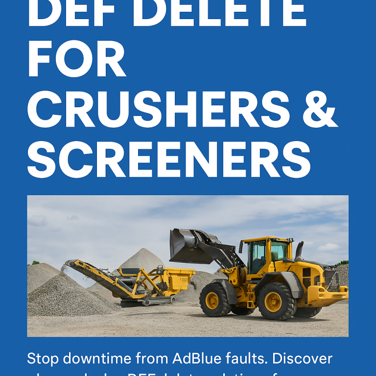 A mobile crusher and screener operating in a quarry, used to illustrate DEF delete solutions for off-road crushing and screening equipment.