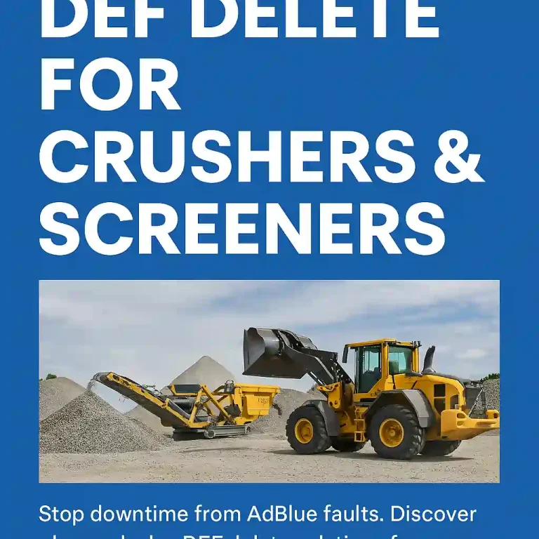A mobile crusher and screener operating in a quarry, used to illustrate DEF delete solutions for off-road crushing and screening equipment.