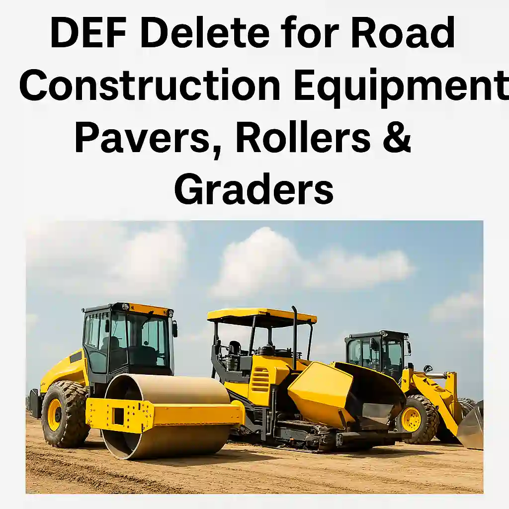 Paver, roller, and grader working on a road construction site, highlighting DEF delete solutions for off-road machinery.