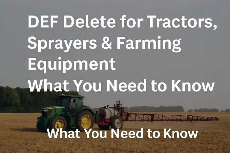 John Deere tractor with sprayer in an agricultural field, representing DEF delete solutions for farming equipment.