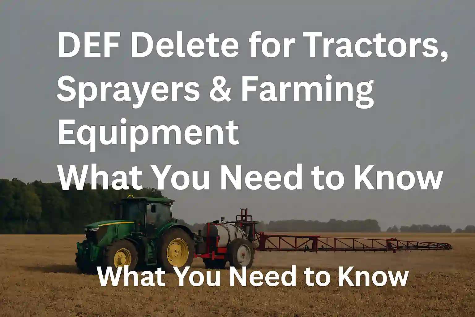 John Deere tractor with sprayer in an agricultural field, representing DEF delete solutions for farming equipment.