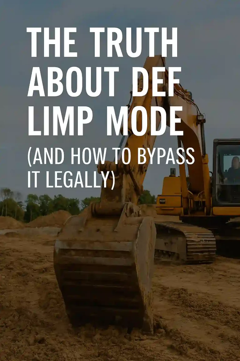 Construction machine in reduced power mode on-site, used to explain DEF limp mode faults and off-road bypass solutions.