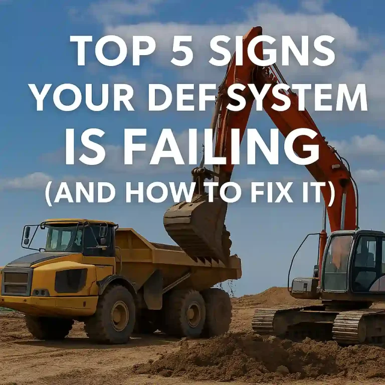 Heavy construction equipment including a dump truck and excavator, representing DEF system issues in off-road diesel machines.