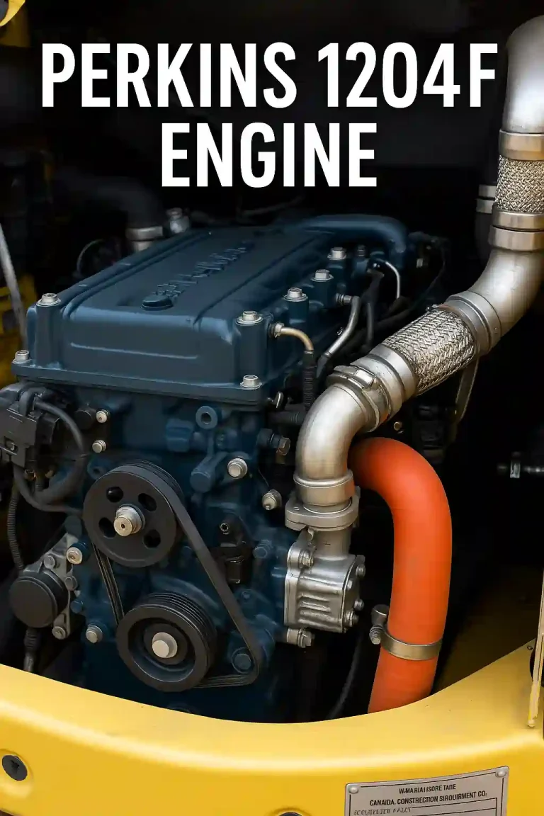 A Perkins 1204F diesel engine with visible data plate and labeling, used for engine identification in construction equipment.