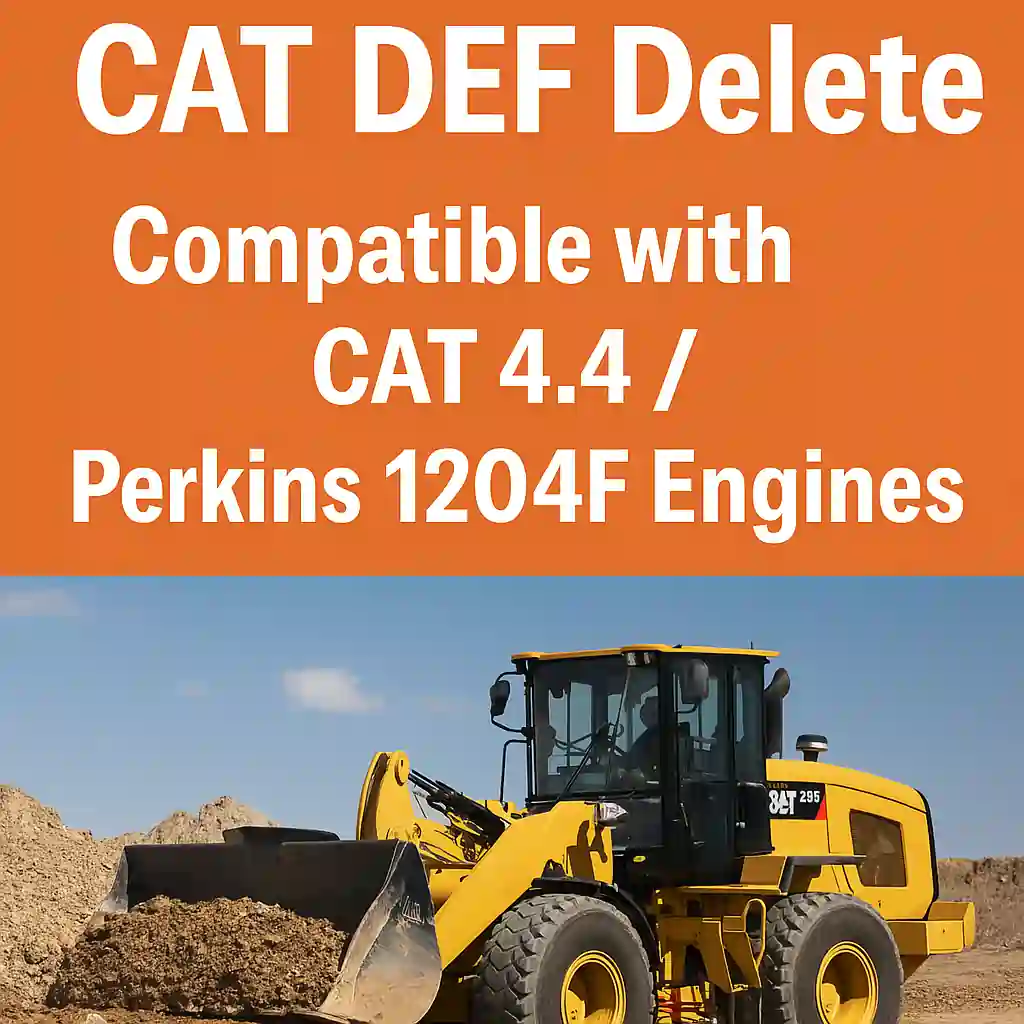 A digital advertisement showing a CAT construction machine with text promoting CAT DEF delete solutions for off-road equipment.