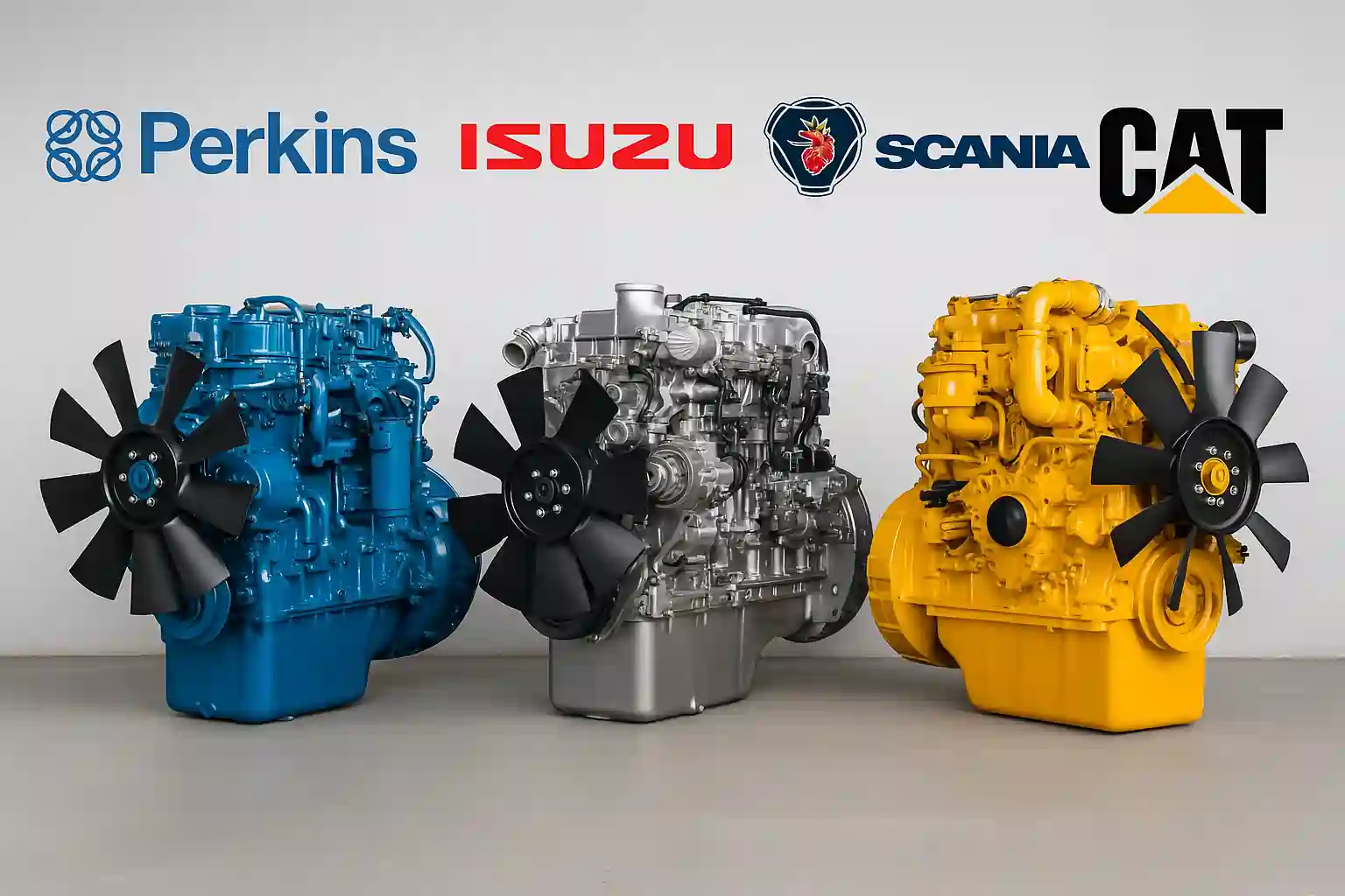 A lineup of heavy machinery engines including Perkins, ISUZU, Scania, and CAT, used in off-road construction equipment.