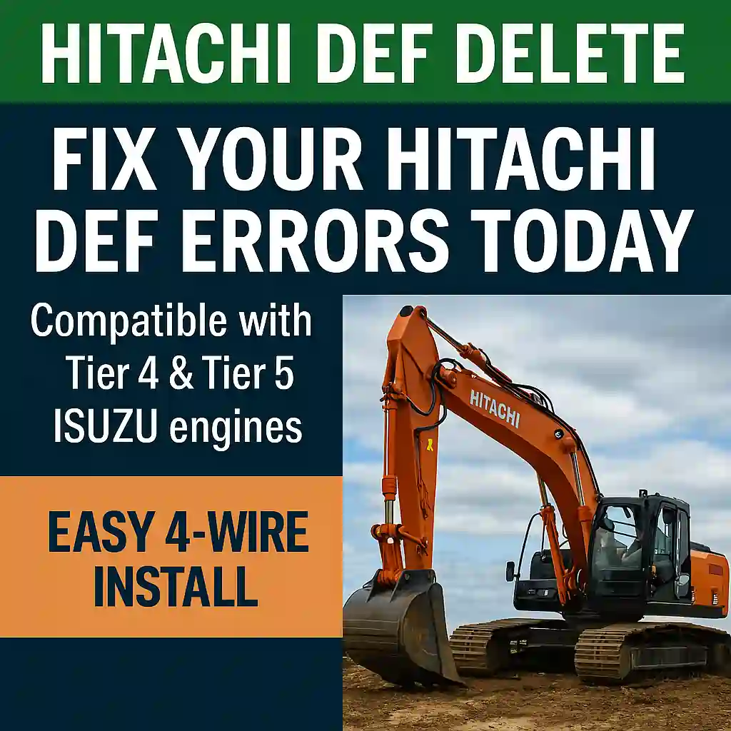 A promotional advertisement featuring a Hitachi excavator, highlighting DEF delete solutions for ISUZU-powered Hitachi construction machinery.